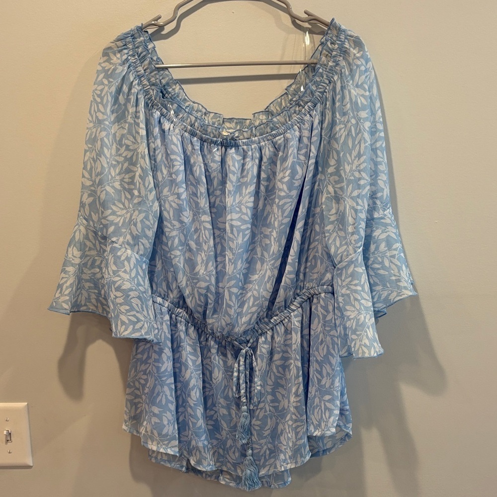 Blush Light Blue Leaf Print Off-Shoulder Blouse